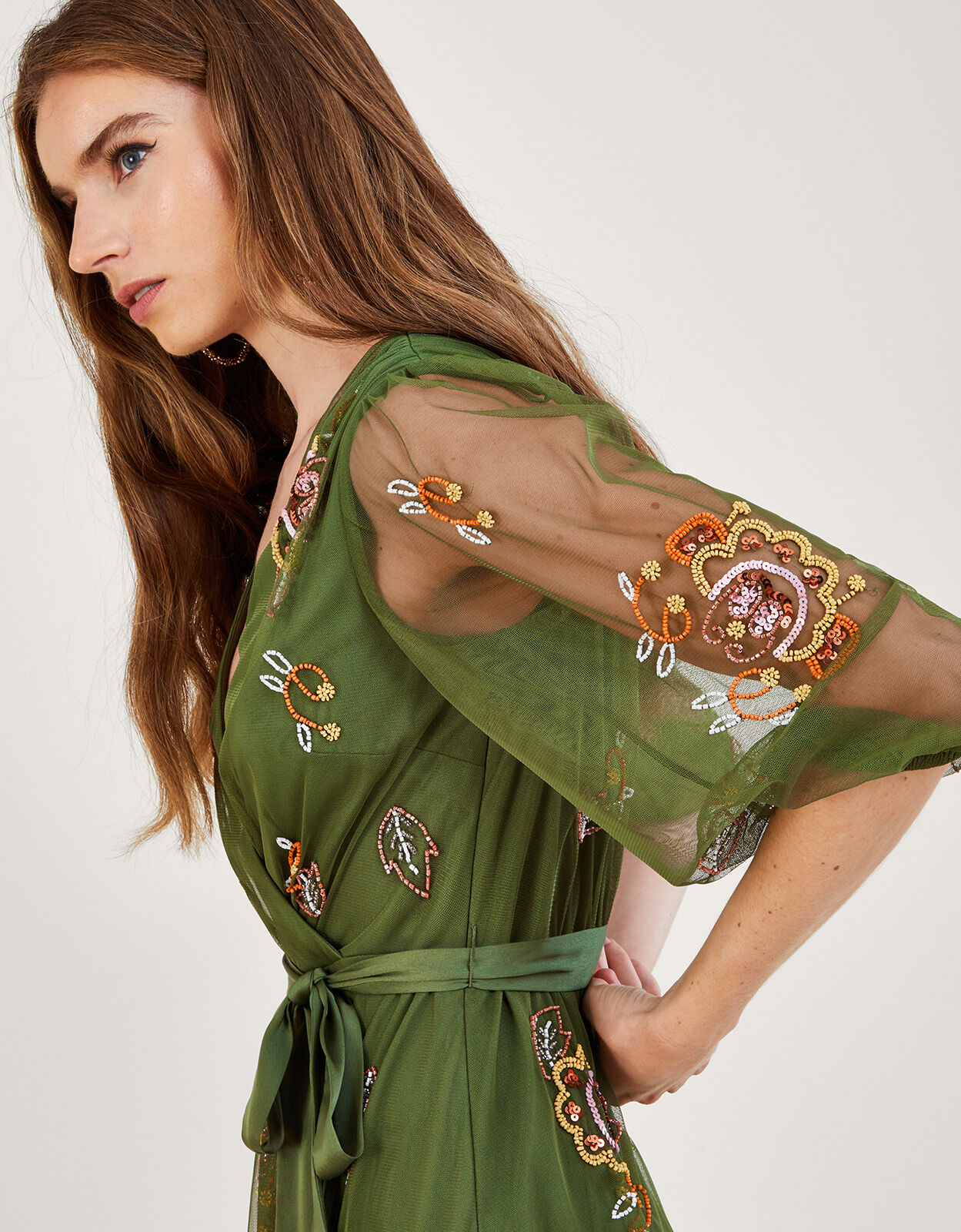 Reese Embellished Wrap Dress in Recycled Polyester Green