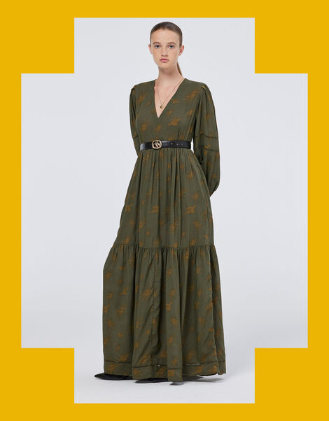 Scotch and Soda Bird Printed Maxi Dress, Green (OLIVE), large