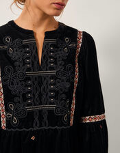 Noni Embroidered Velvet Long Sleeve Midi Dress, Black (BLACK), large