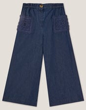 Wide Leg Chambray Crochet Trousers, Blue (BLUE), large
