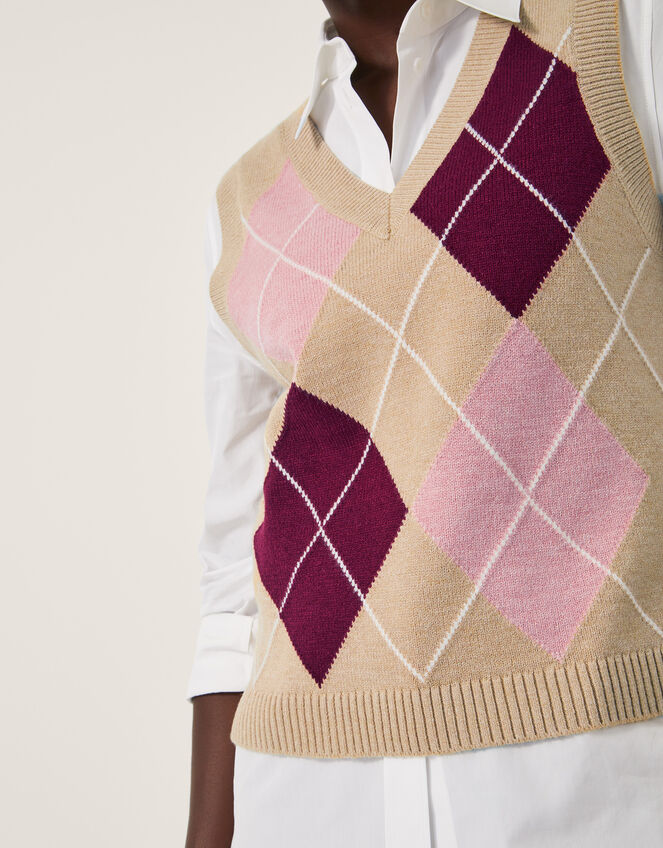 Anne Sleeveless Argyle Knitted Vest, Camel (CAMEL), large