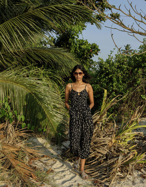 Batik Print Shirred Jumpsuit LENZING™ ECOVERO™, Black (BLACK), large