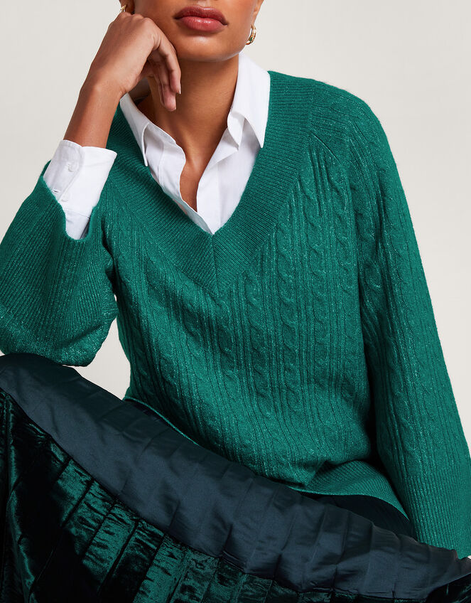 V-Neck Cable Longline Jumper with Recycled Polyester , Green (GREEN), large