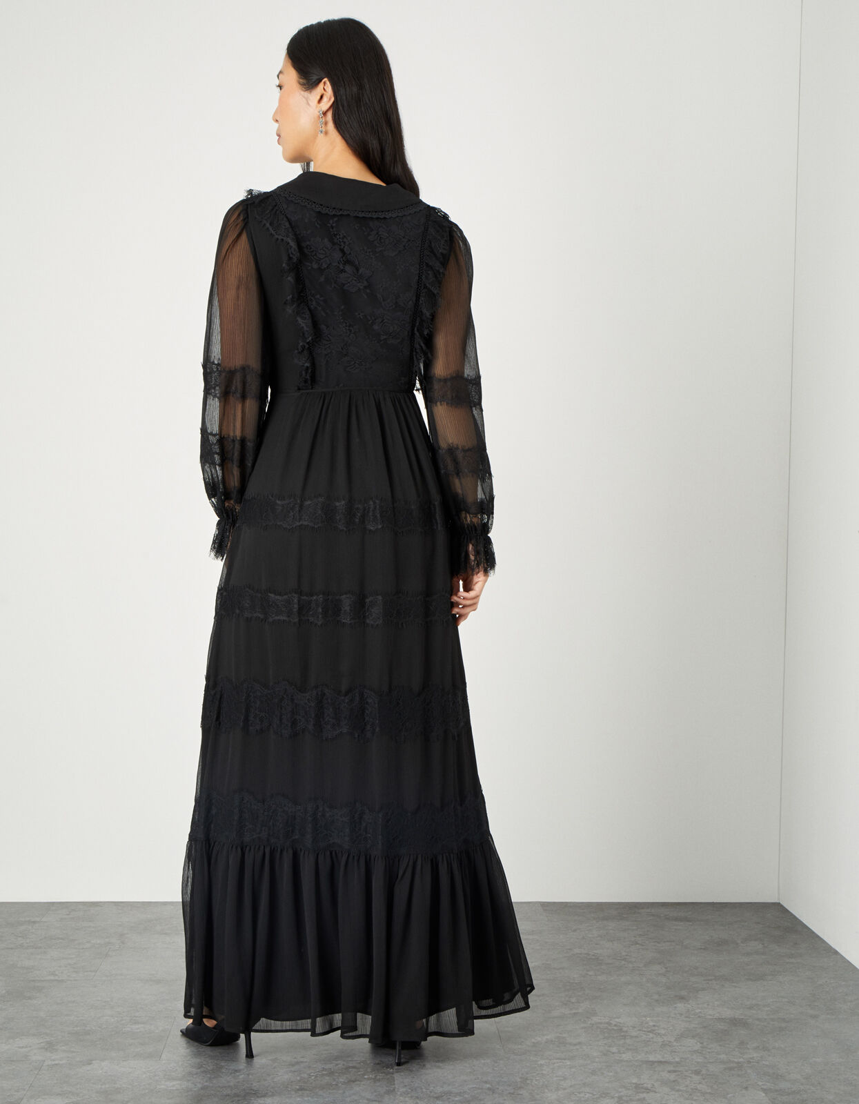 Lace Trim Collared Maxi Dress Black
