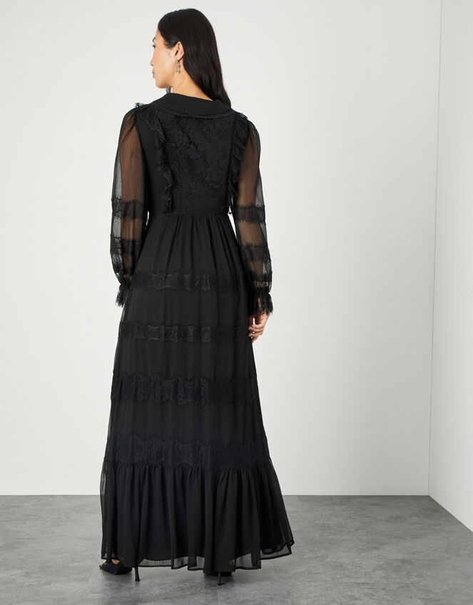 Lace Trim Collared Maxi Dress, Black (BLACK), large