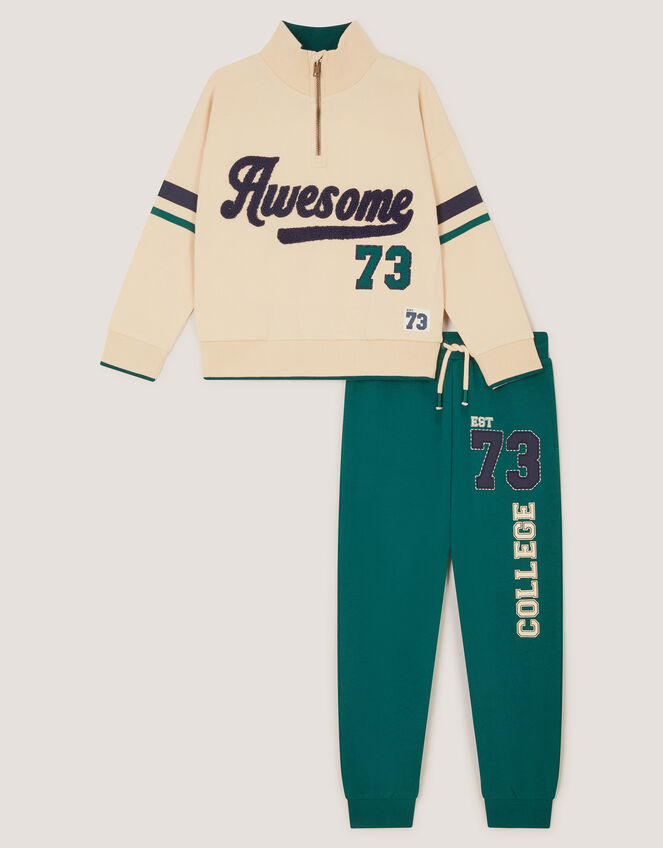 Slogan Half Zip Sweatshirt & Joggers Set, Green (GREEN), large
