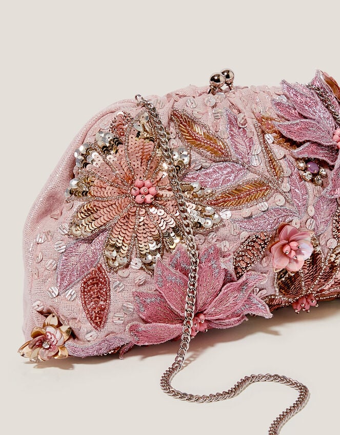 Bloom Floral Embellished Clutch Bag, Pink (PINK), large