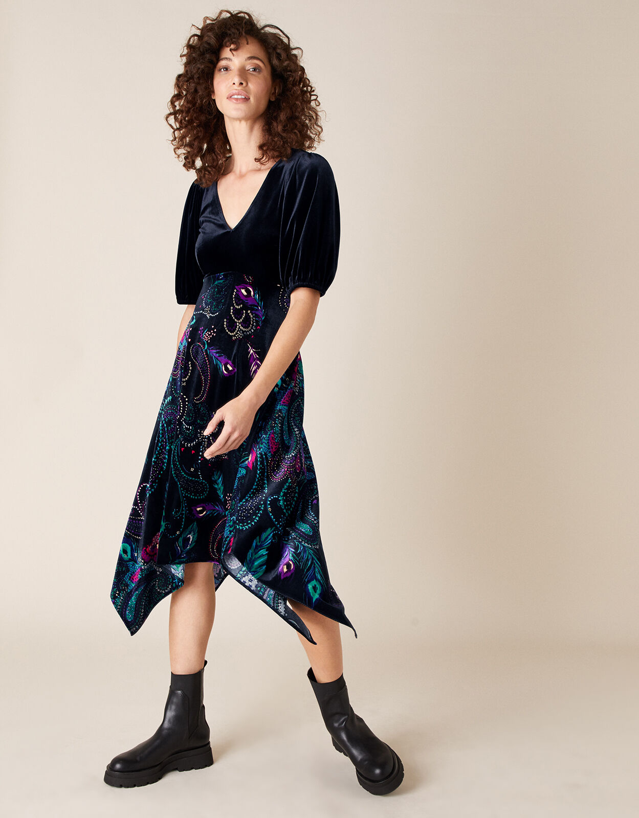 Persephone Peacock Print Hanky Hem Dress Black Evening Dresses Monsoon Global