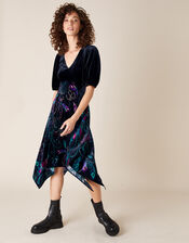 Persephone Peacock Print Hanky Hem Dress, Black (BLACK), large