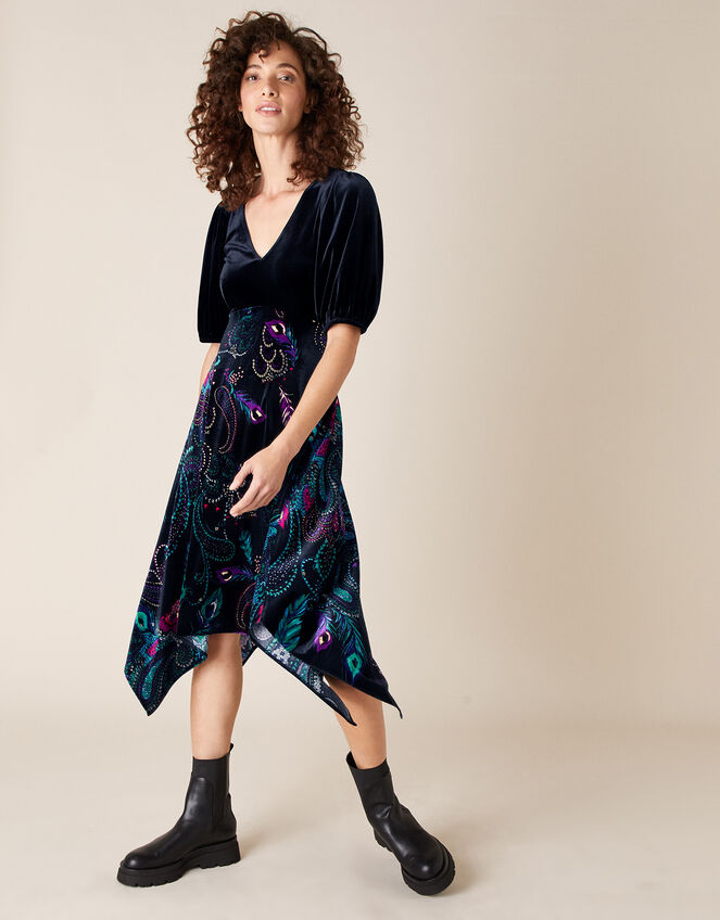 Persephone Peacock Print Hanky Hem Dress, Black (BLACK), large