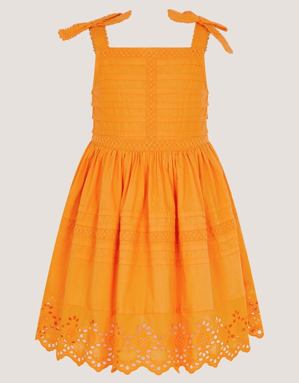 Broderie Pleated Cotton Dress, Orange (ORANGE), large