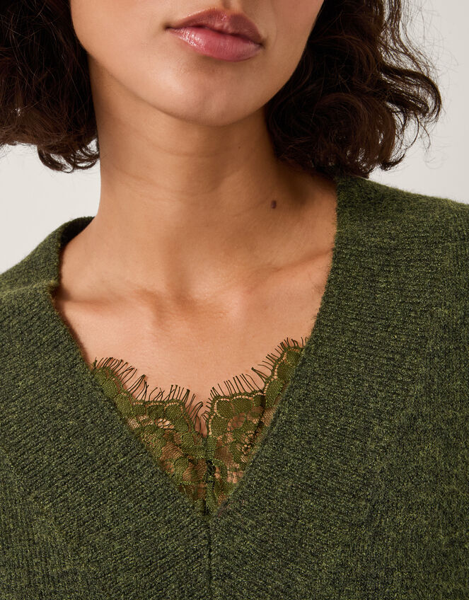 Leanne Lace V-Neck Jumper, Green (KHAKI), large
