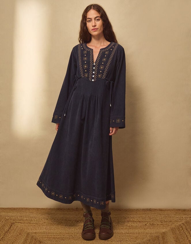 East Anita&nbsp;Embroidered Corduroy Midi Dress, Blue (NAVY), large