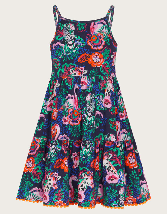 Floral Animal Print Cotton Dress, Blue (NAVY), large