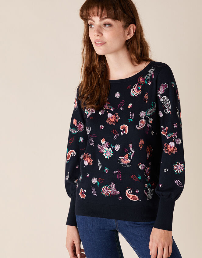 Paisley Embroidered Jumper with Sustainable Viscose, Blue (NAVY), large
