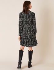 Printed Jersey Plisse Tiered Short Dress, Black (BLACK), large