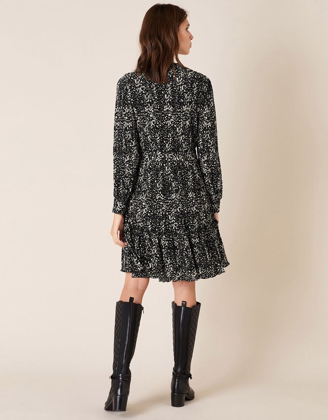 Printed Jersey Plisse Tiered Short Dress, Black (BLACK), large