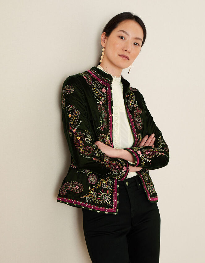 Velvet Embroidered Paisley Jacket, Green (GREEN), large