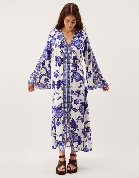 Gloria Floral Print Maxi Beach Dress, Blue (BLUE), large