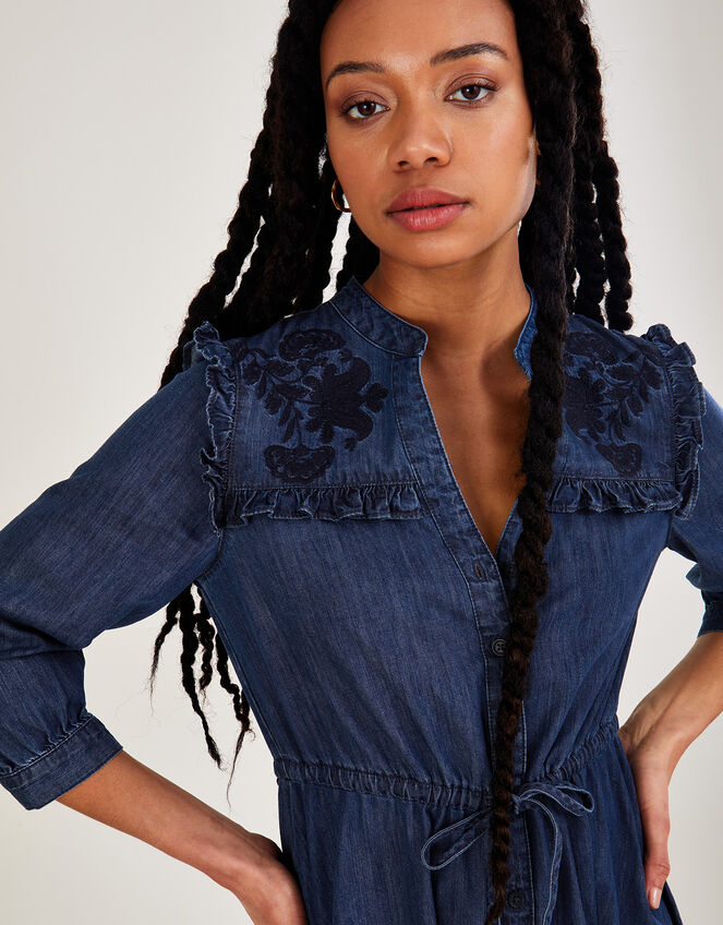 Denim Embellished Frill Yoke Maxi Dress, Blue (DENIM BLUE), large