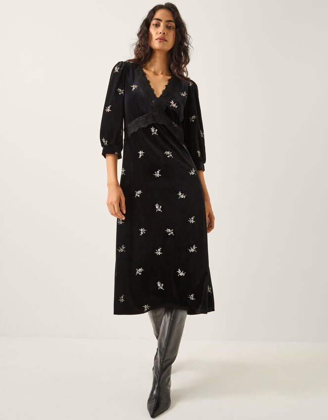 Erin Floral Lace Velvet Midi Dress, Black (BLACK), large