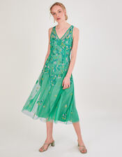 Amanda Embellished Midi Dress in Recycled Polyester, Green (GREEN), large