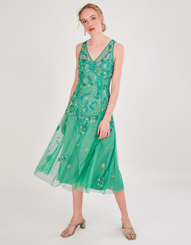 Amanda Embellished Midi Dress in Recycled Polyester, Green (GREEN), large