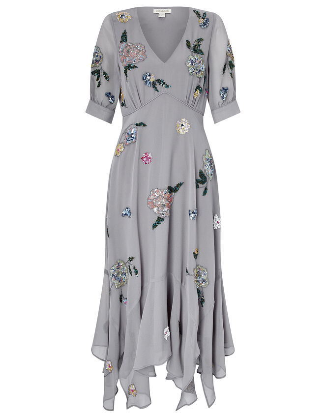 Harriette Embellished Hanky Hem Midi Dress, Gray (GREY), large
