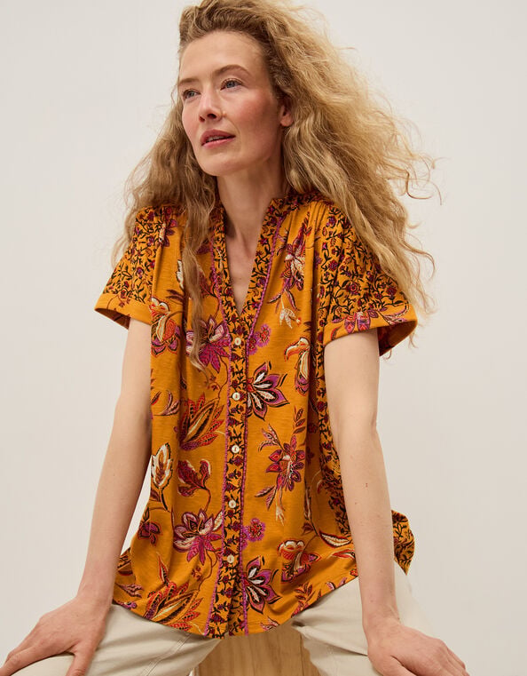 Zainab Floral Print Jersey Top, Orange (ORANGE), large