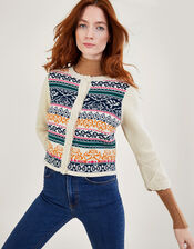 Hand Crochet Jacquard Cardigan in Sustainable Cotton, Ivory (IVORY), large
