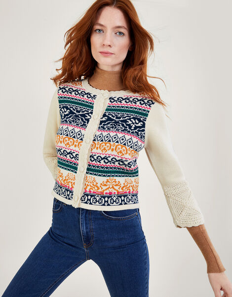 Hand Crochet Jacquard Cardigan in Sustainable Cotton, Ivory (IVORY), large