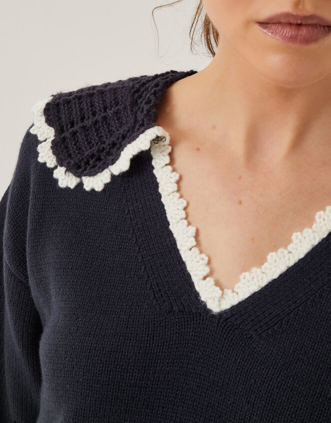 Clay Collar V-Neck Jumper, Blue (NAVY), large