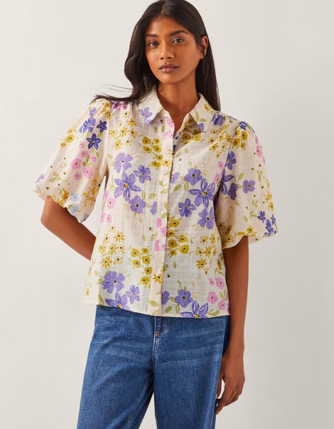 Madeline Floral Puff-Sleeve Shirt , Ivory (IVORY), large