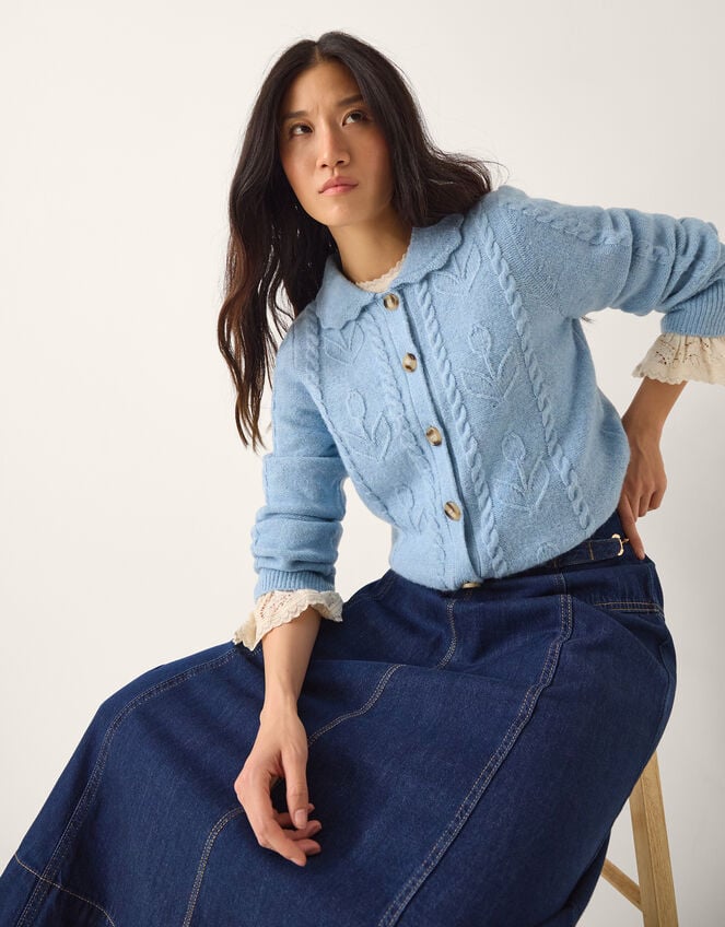 Kat Floral Cable Knit Cardigan, Blue (LIGHT BLUE), large