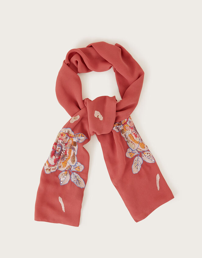 Embroidered Occasion Scarf, Orange (CORAL), large