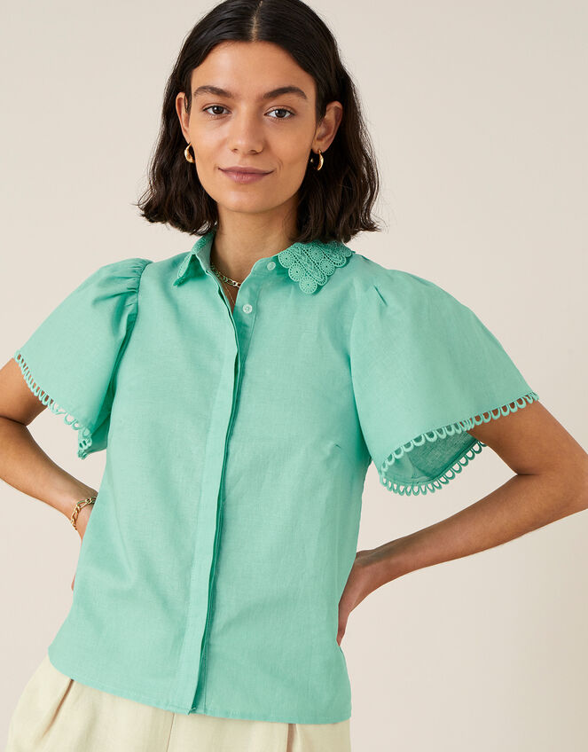 Lace Collar Shirt in Linen Blend, Green (GREEN), large