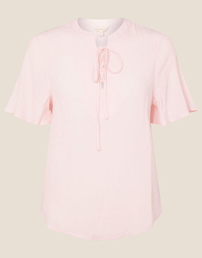 Tie Neck Short Sleeve Blouse, Pink (BLUSH), large