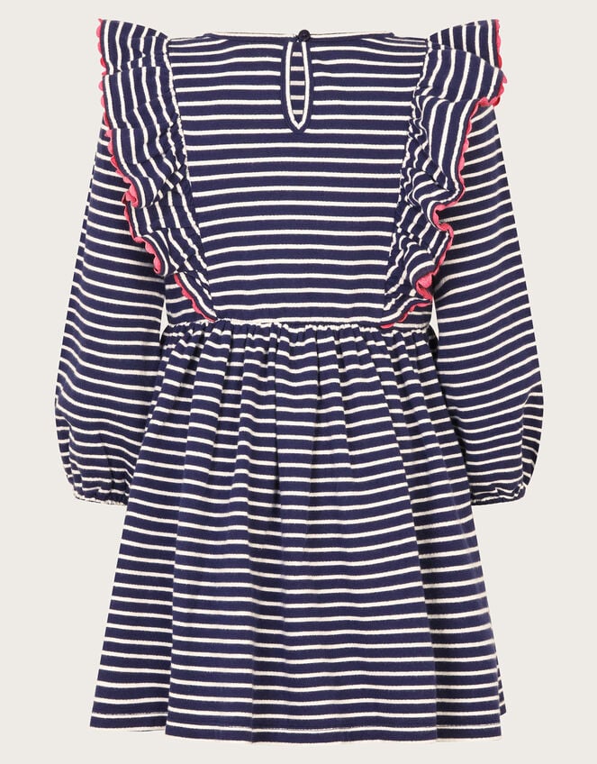 Floral Embroidered Stripe Ruffle Dress, Blue (NAVY), large