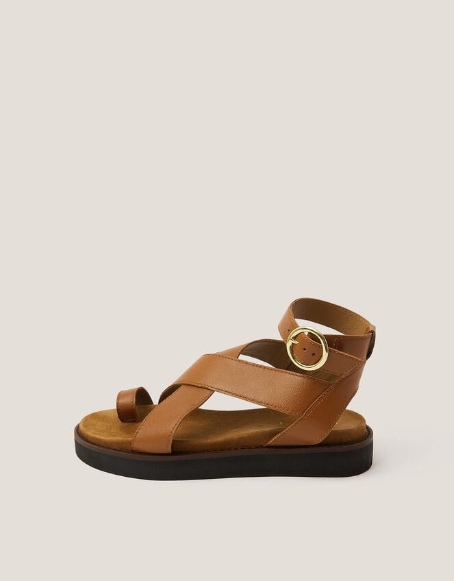 Ivy Toe Strap Crossover Leather Sandals, Tan (TAN), large