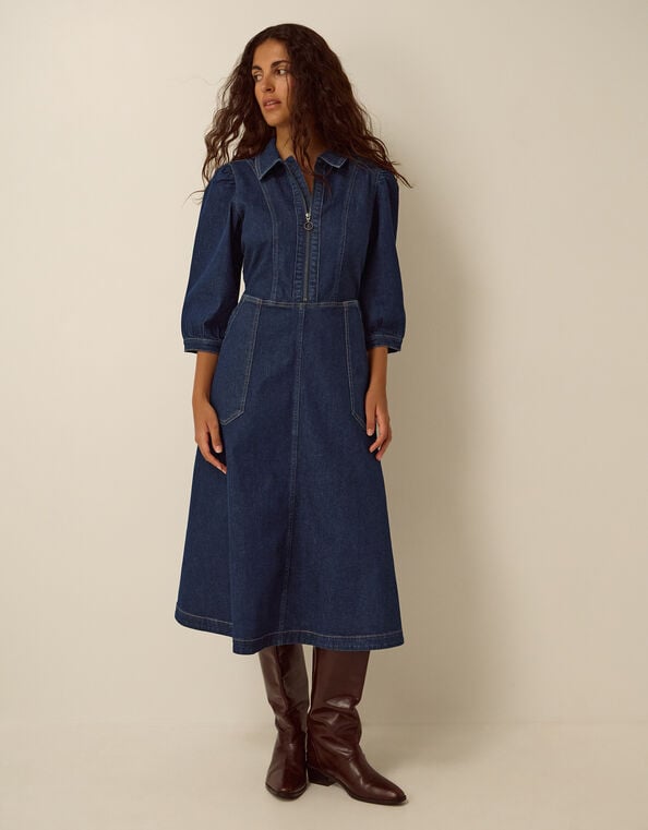 Erin Zip Denim Midi Dress, Blue (INDIGO), large