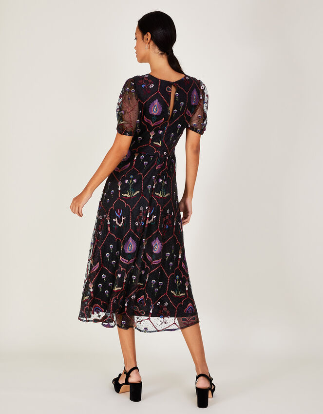 Fenn Embroidered Midi Dress in Recycled Polyester , Black (BLACK), large