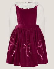 Broderie Top & Bow Velvet Pinafore Dress Set, Red (BURGUNDY), large