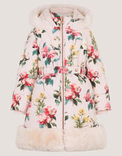 Botanical Print Faux Fur Hood Coat, Cream (CREAM), large
