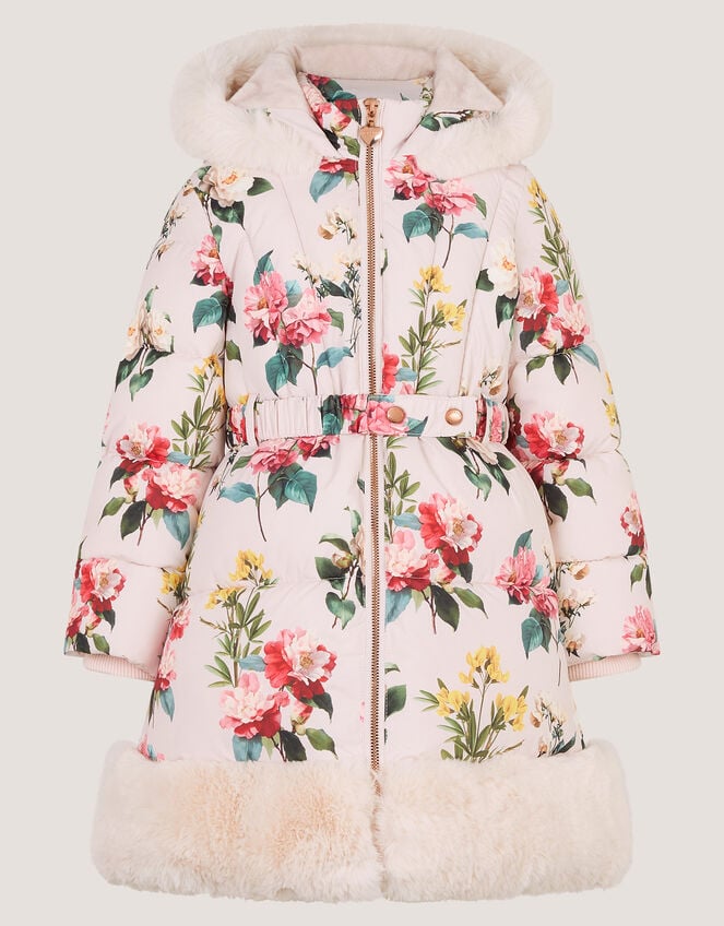 Botanical Print Faux Fur Hood Coat, Cream (CREAM), large