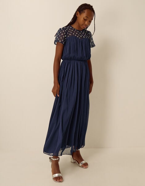 Keira Beaded Short Sleeve Prom Dress, Blue (NAVY), large