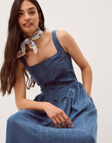 Delia Square Neck Denim Midi Dress, Blue (DENIM BLUE), large