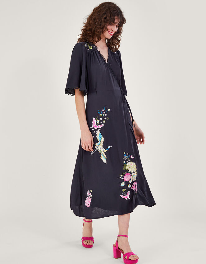 Oliyah Embroidered Wrap Midi Dress, Blue (NAVY), large