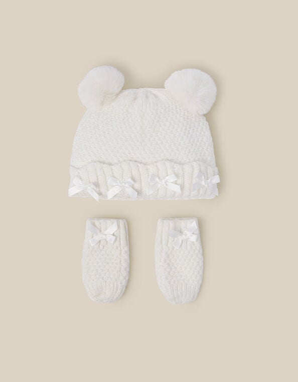 Baby Knitted Hat & Mittens Set, Ivory (IVORY), large