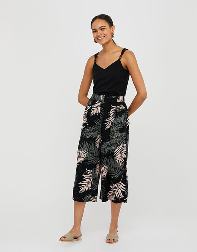 Palm Print Culottes in Recycled Fabric, Black (BLACK), large