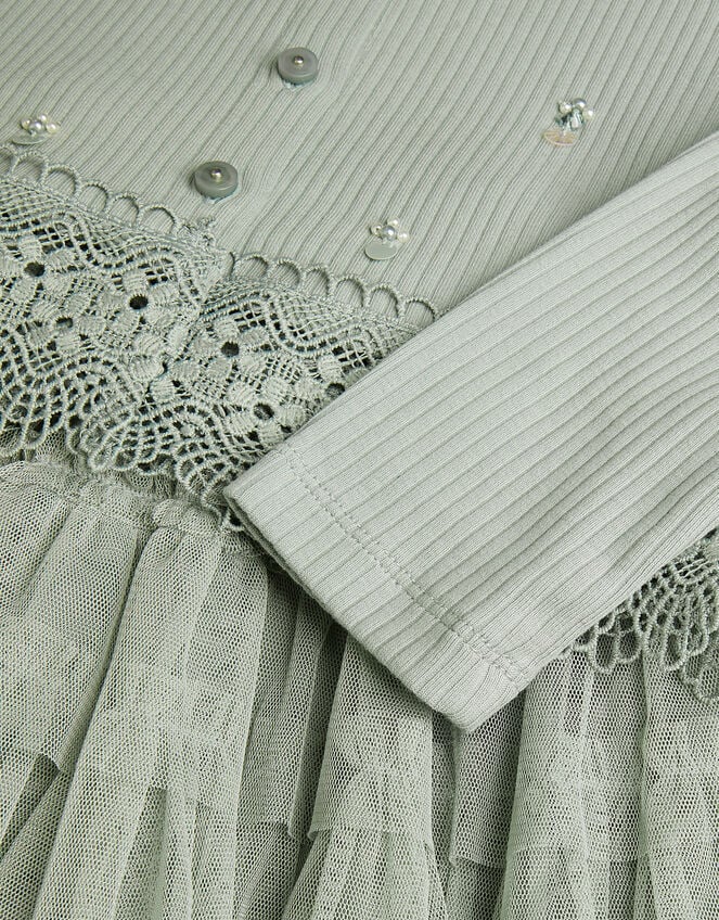 Embellished Cardigan & Mesh Tiered Skirt Set, Green (SAGE), large